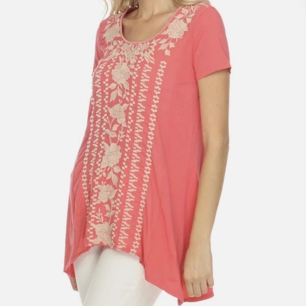 Johnny Was Peach Pink Letty Cotton‎ Woven Embroidered Tunic Top SZ XS